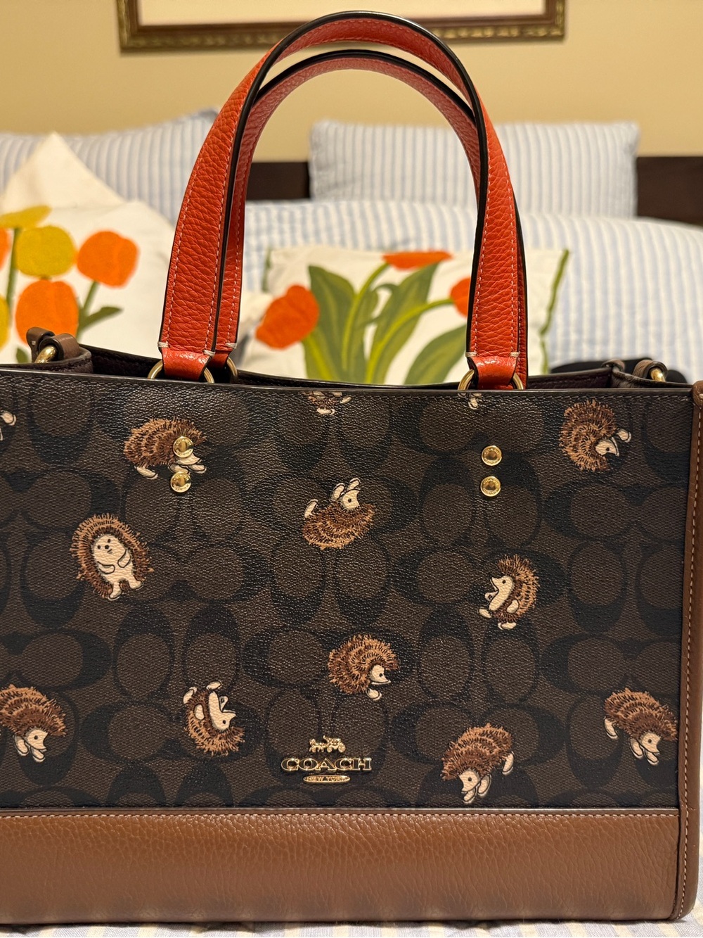 Coach Brown Signature Satchel with Orange Handles and Hedgehog Print